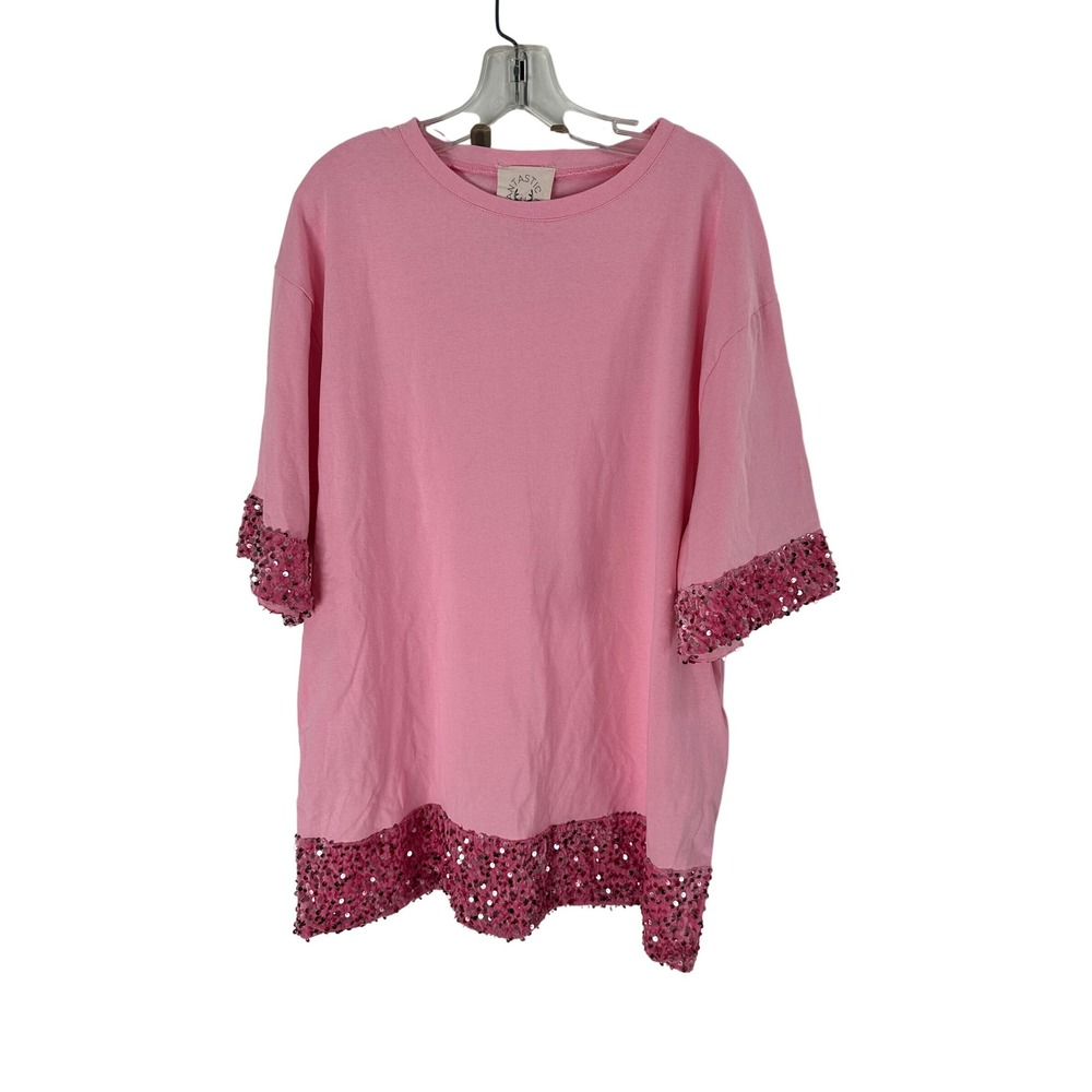 Fantastic Fawn‎ Pink Sequin Trim Tunic Top Womens Size L Casual Party